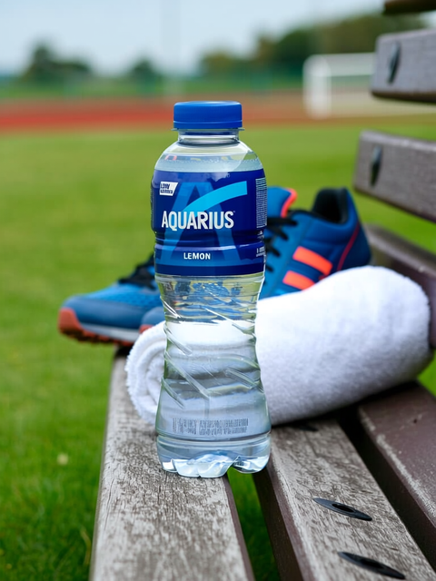Aquarius drink Lemon tray op een bankje langs het sportveld
