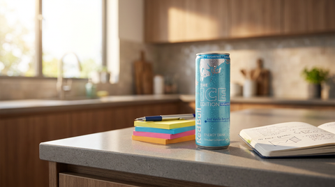 Blikje Red Bull op een keukenblad, symbool voor cafeïne in energiedrank
