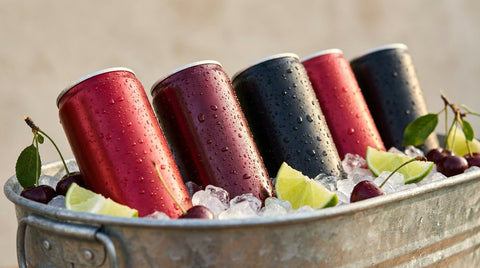 Blikjes cola in verschillende smaken gekoeld in een bak met ijs, limoenpartjes en kersen