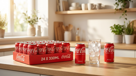 Tray van 24 blikjes Coca-Cola op een keukenaanrecht met een glas cola met ijs