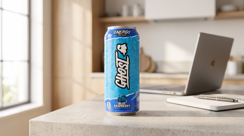 Blikje Ghost Energy Blue Raspberry van 500 ml op een keukenblad