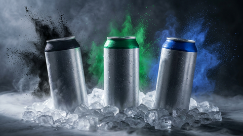 Drie energiedrankblikjes van Ghost Energy, Monster en Red Bull naast elkaar op ijs
