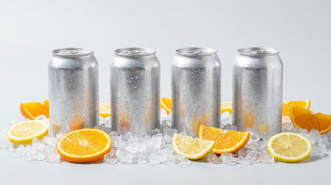 Suikervrije frisdrankblikjes met ijs en citrusfruit, uitgelicht beeld bij artikel over cola zero en suikervrije frisdrank