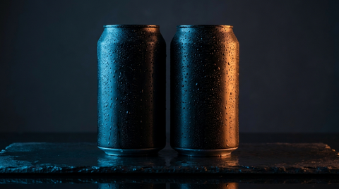 Twee energiedrankblikjes naast elkaar met contrasterende blauwe en oranje belichting, symbool voor de vergelijking Monster Energy versus Red Bull
