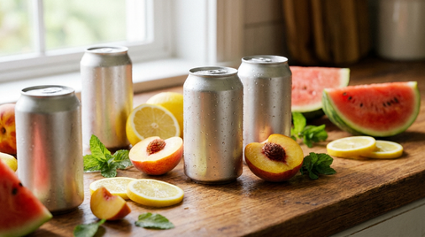 Blikjes Lipton Ice Tea met citroen, perzik, munt en watermeloen op een zonnige keukentafel