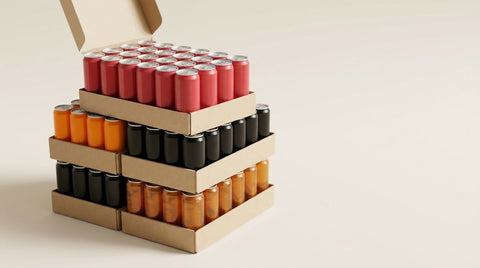 Gestapelde trays met blikjes frisdrank, energiedrank en ijsthee, de bovenste tray geopend zodat de rijen blikjes zichtbaar zijn