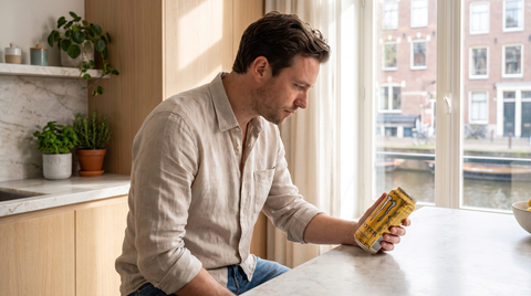 Volwassene leest het etiket van een blikje Monster Energy Ultra Golden Pineapple aan een lichte keukenbar