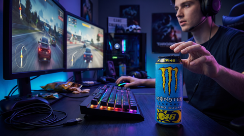 Gamer met Monster Energy Valentino Rossi Zero Sugar naast RGB toetsenbord tijdens avondlijke gamesessie