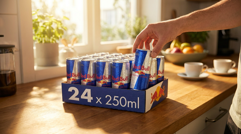 Tray Red Bull Original blikjes met alle smaakvarianten op een rij